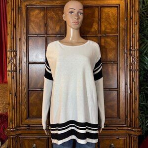 Marla Wynne Ivory Black Stripe High Side Slit Drama Sweater